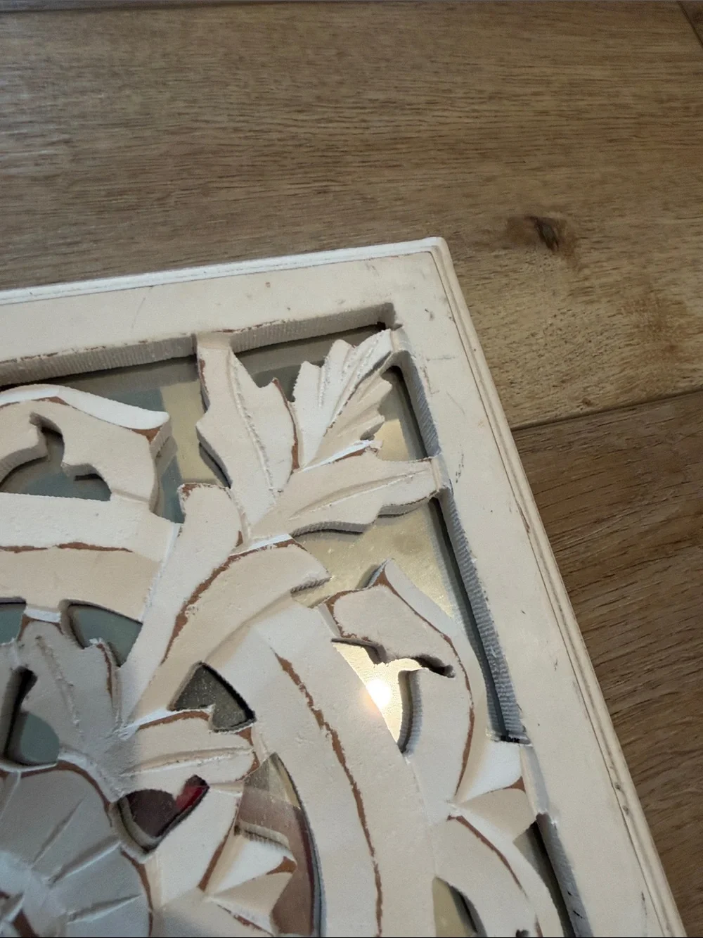 Decorative Carved Floral Rustic Boho Wall Plaques - White. Set of 3. Mirrored.